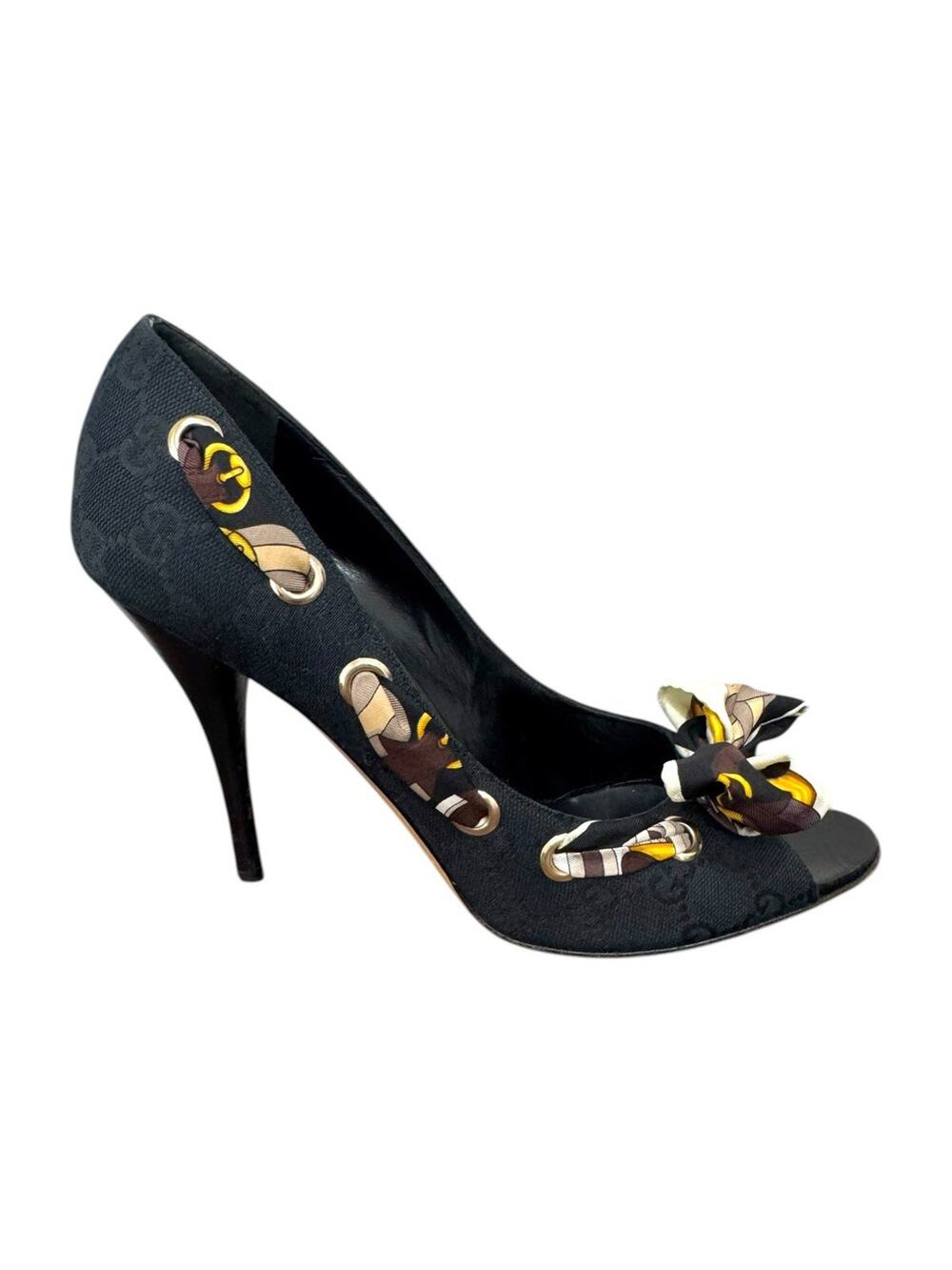 Gucci Guccissima Scarf Bow Heels Black Open Toe Pumps Ribbon Size 9.5 Luxury
